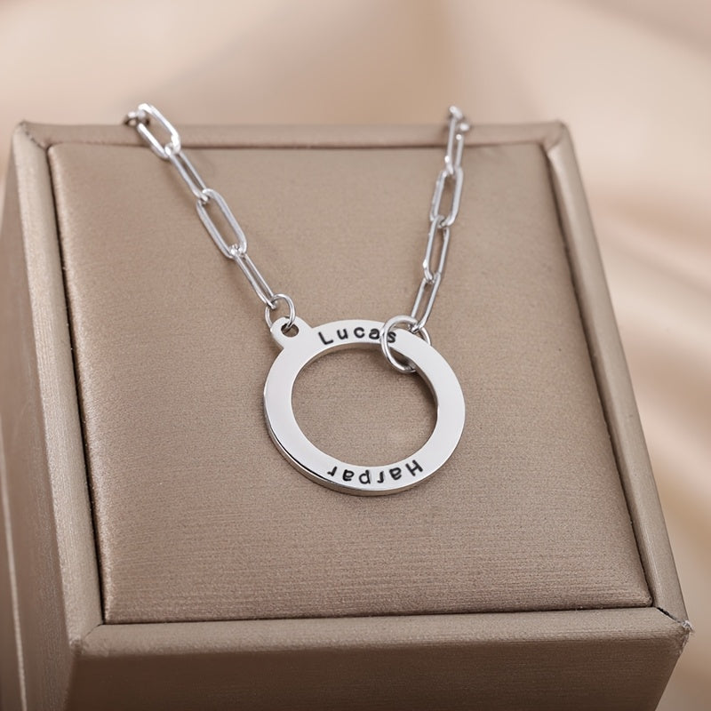 Women's Round Pendant Necklace with Custom Dual Names, Stainless Steel Pin Chain, Perfect for Everyday Wear & Christmas Present, Unique Personalized Jewelry, Circular Design, Holiday Gift