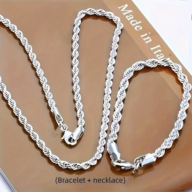 925 Silver Plated Twist Chain Set includes both men's and women's necklace and bracelet.