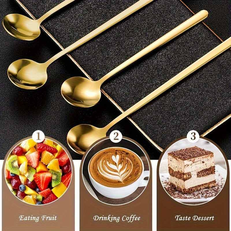 Set of 4 Stainless Steel Coffee Spoons with Long Handles in Elegant Golden Finish. Perfect for Enjoying Hot Chocolate, Iced Tea, and Lattes. Ideal for Home and Cafe Use. Built to Last with a Durable and Thick Design.