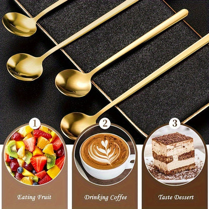 Set of 4 Stainless Steel Coffee Spoons with Long Handles in Elegant Golden Finish. Perfect for Enjoying Hot Chocolate, Iced Tea, and Lattes. Ideal for Home and Cafe Use. Built to Last with a Durable and Thick Design.