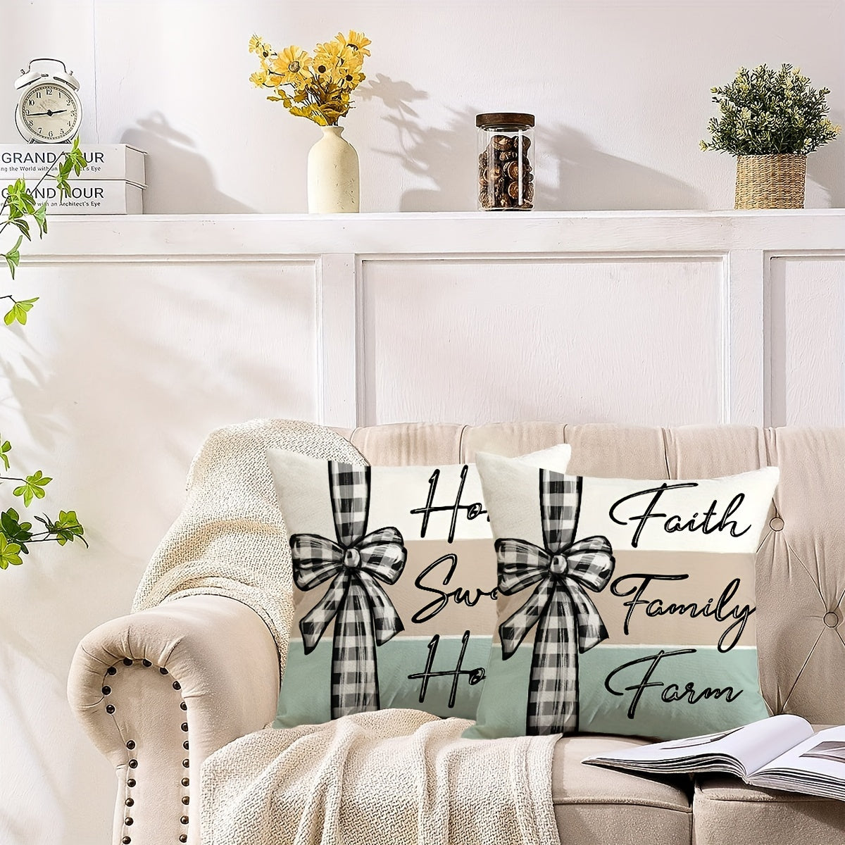 Set of 4 Farmhouse Throw Pillow Covers featuring Eucalyptus Leaves and Stripe design, measuring 45.72*45.72cm. Ideal for home decor in porch, patio, couch, sofa, living room, or outdoor spaces. Perfect gift idea, no pillow inserts included.