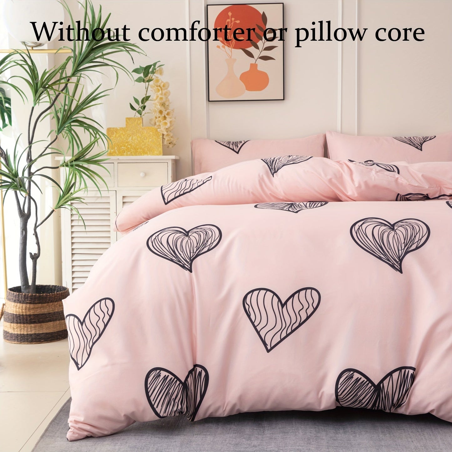 Black Heart Pattern Duvet Cover Set includes 3 pieces: 1 duvet cover and 2 pillowcases. Comforter and pillow core not included. Made of super soft and comfortable breathable material, this bedding set is suitable for both the bedroom and guest room.