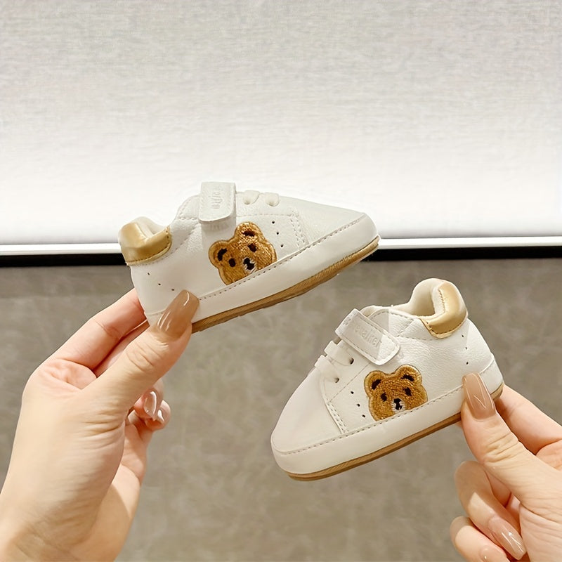 Cute bear sneakers for kids are non-slip and comfortable with easy hook-and-loop closure, ideal for all seasons.