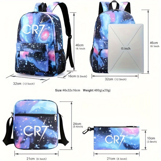 CR7 Casual Daypack Set includes a large backpack, pencil case, and crossbody bag made of lightweight polyester with a printed design. Ideal for travel and outdoor activities, features