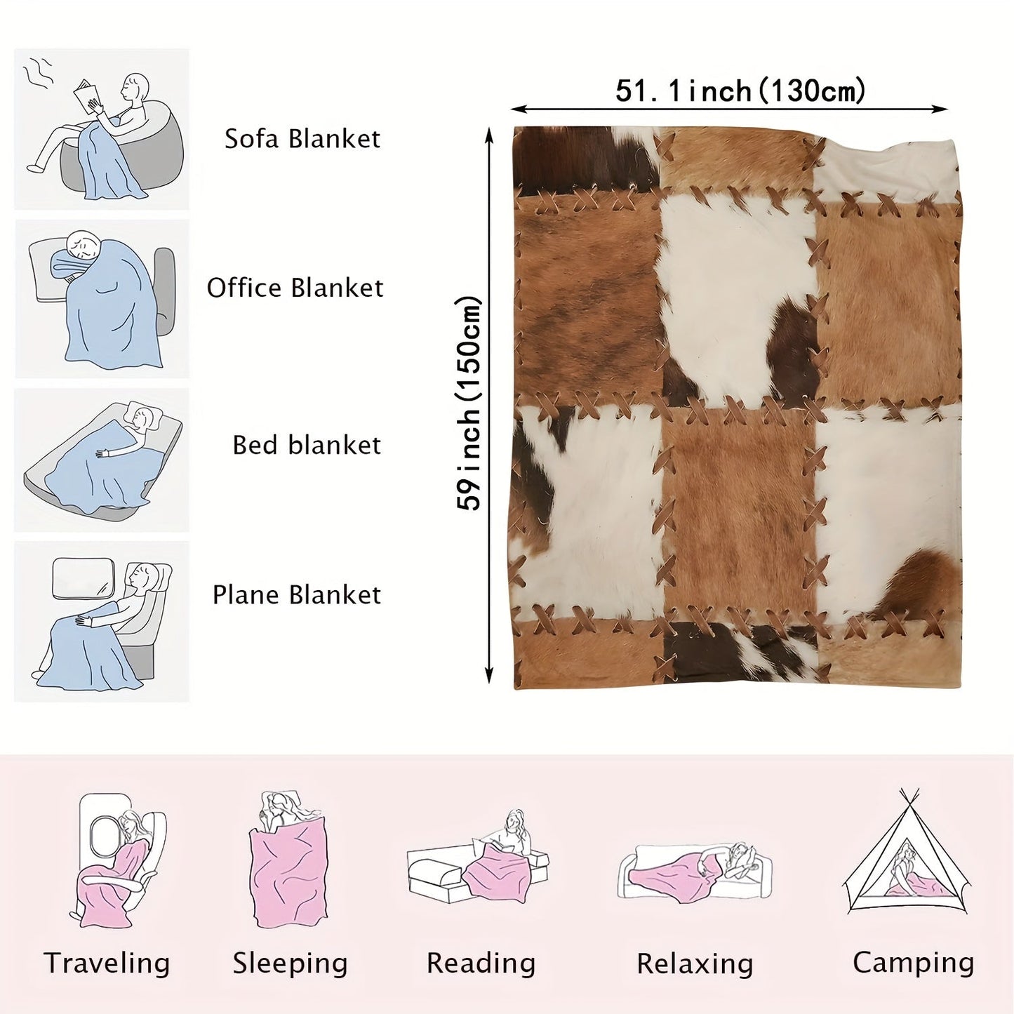 Soft and cozy flannel faux animal fur patchwork printed blanket shawl that can be used as a casual sofa blanket, nap throw blanket, lunch break blanket, or multipurpose blanket. Skin-friendly and comfortable.