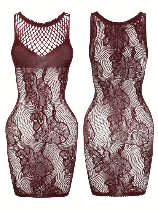 See-through sleeveless hot dress in a mesh pattern, women's sexy lingerie.