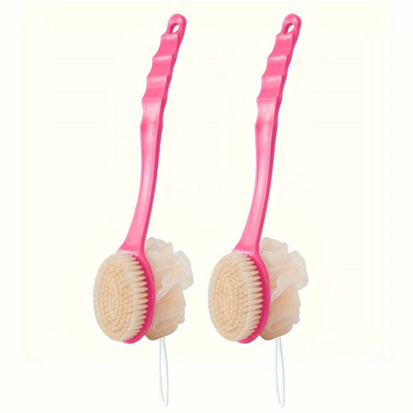 Gentle loofah and bristle brush for men and women - long curved handle for body, face, and spa washing - bathroom accessory