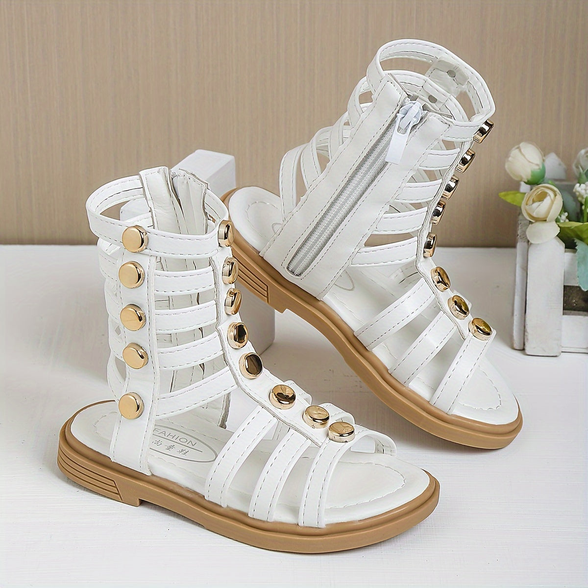 1 Pair of Fashion Rivet Buckle Sandals with Geometric Pattern, Back Zipper, Synthetic Faux Leather Upper and Rubber Sole for Spring/Summer Wear.