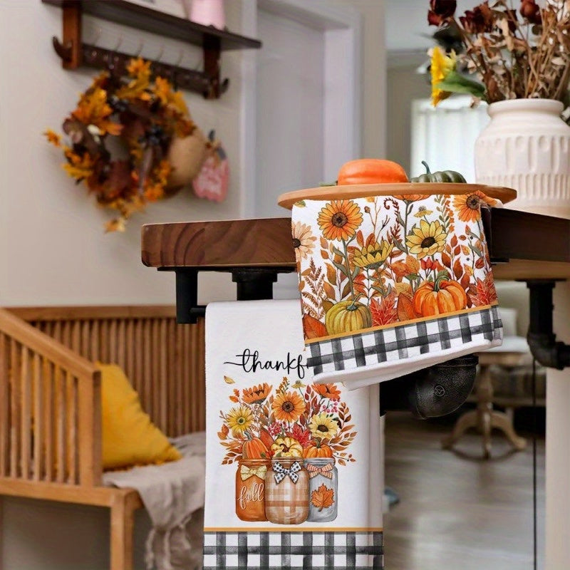 Set of 2 Kitchen Towels measuring 45.72*66.04 cm featuring Autumn pumpkin elements for home decor. These towels are reusable and perfect for adding a touch of individuality to your kitchen or party decorations. They also make a great holiday gift, with