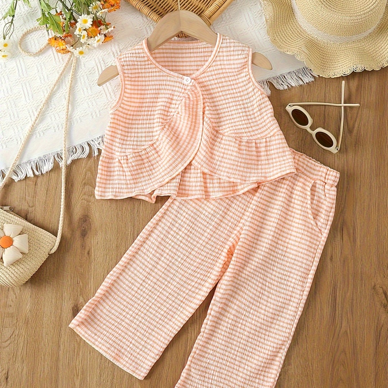 Summer plaid pants set for girls with V-neck top and wide-legged pants, made of polyester knit fabric. Features elastic waist and loose fit, perfect for outdoor activities.