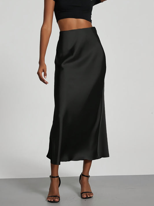 Elegant high-waisted burgundy satin maxi skirt for women. Perfect for all seasons. Machine washable polyester blend.