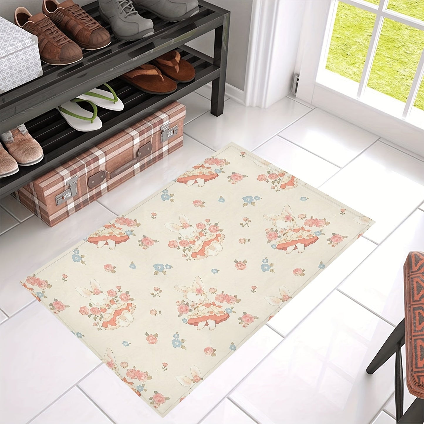 Enhance your space with this charming Rabbit & Floral Design Kitchen Floor Mat. Measuring 76.2cm x 45.72cm, this mat is customizable and perfect for your bedroom, bathroom, living room, office, and more. It is thick, sponge-filled for comfort, non-slip