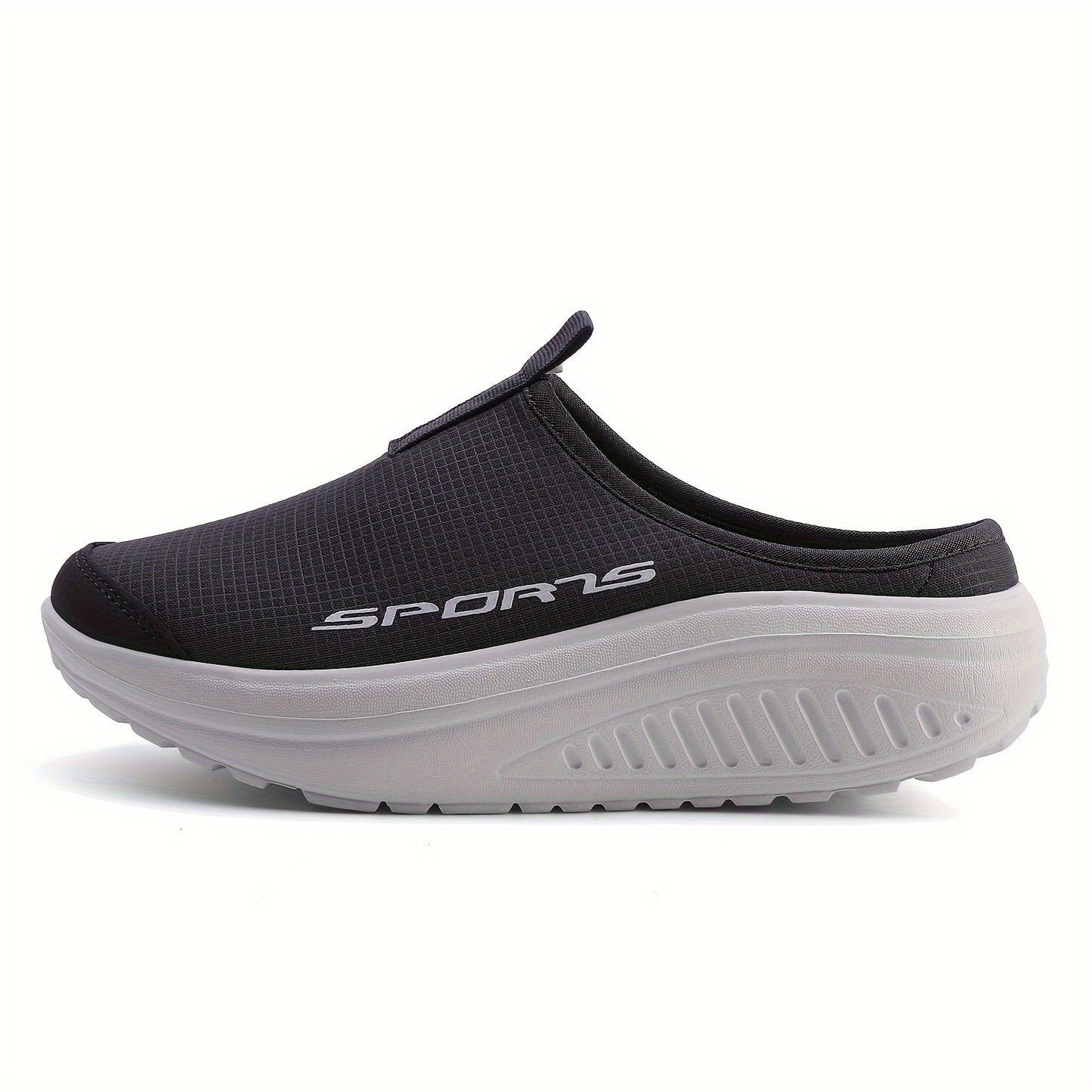 Breathable knit slip-on sneakers with a comfortable EVA rocker sole, beige with sporty logo, suitable for all seasons. Casual low-top design. Durable footwear and shoe accessories.