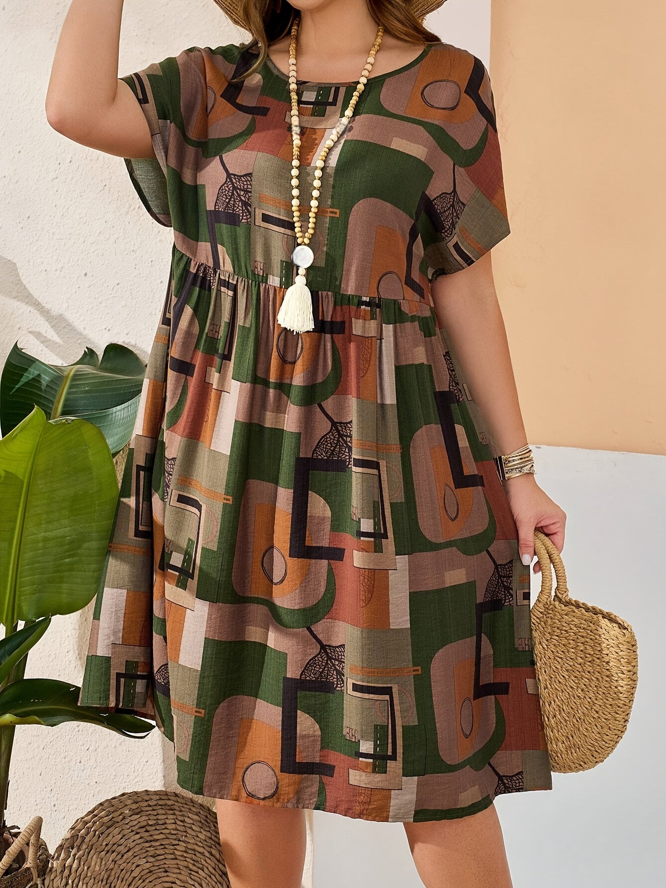 Long length plus size summer dress with crew neck, short sleeves, random print, and non-stretch polyester fabric. Ideal for summer.