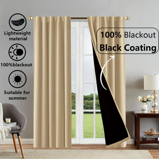 Two pieces of contemporary blackout curtains made from thermal insulated twill weave polyester. They are designed to reduce noise and block out light, making them perfect for the living room, bedroom, or study. These curtains feature a hook and ring rod