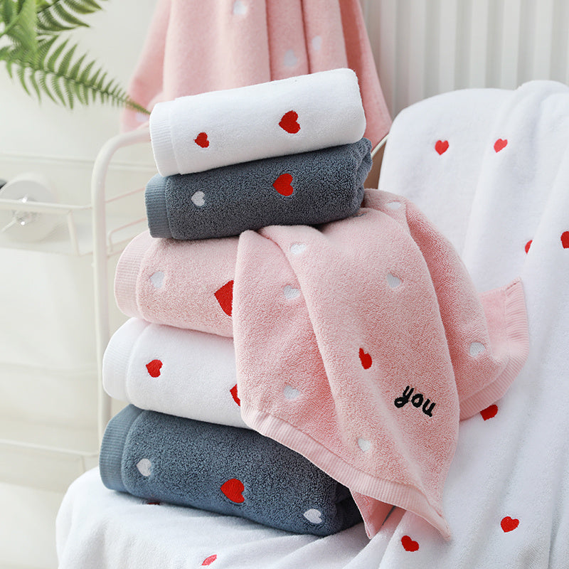 1 Set Valentine's Day Couples Towel, Heart Embroidery Design, Thick Pure Cotton Material, Includes 1 Towel + 1 Bath Towel