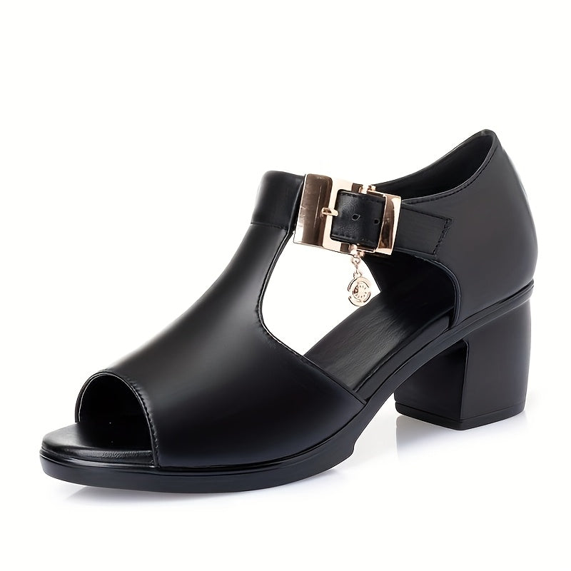 Stylish black peep-toe sandals with chunky heel, golden buckle strap, cut-out design, and high heel; perfect for casual summer outdoor wear.