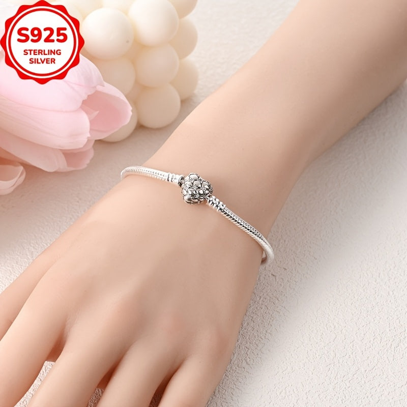 925 Sterling Silver Heart Snake Bone Bracelet with Sparkling Grid Design, Ideal for Charm Beads and Casual Attire