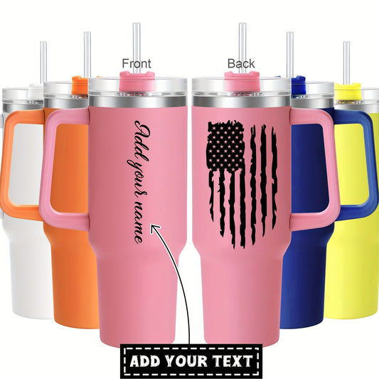 Introducing our custom 40oz stainless steel tumbler with a convenient handle and lid. This personalized tumbler features an American flag print and is double wall vacuum insulated for keeping your drinks at the perfect temperature while you're on the go.