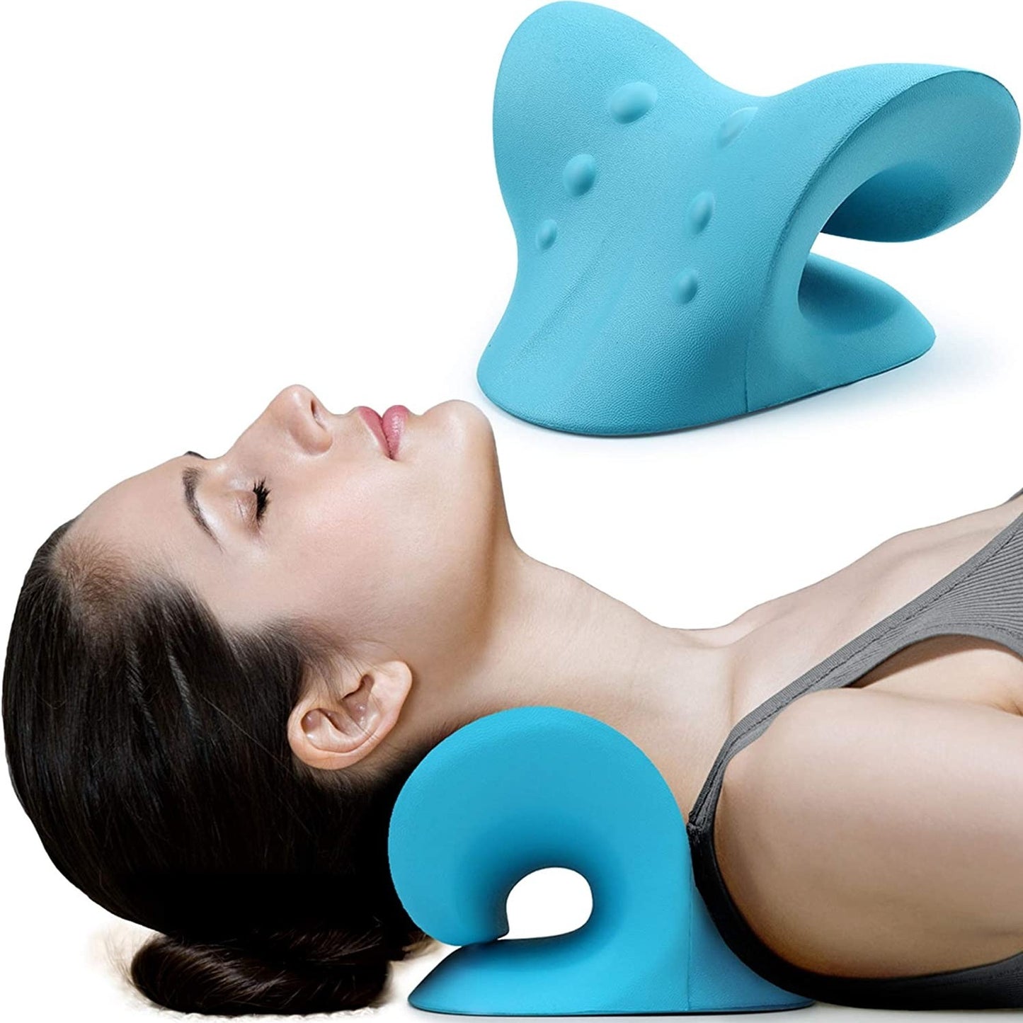 Neck and shoulder relaxer with cervical traction pillow in medium hardness, made of non-woven material and bamboo fiber cover.