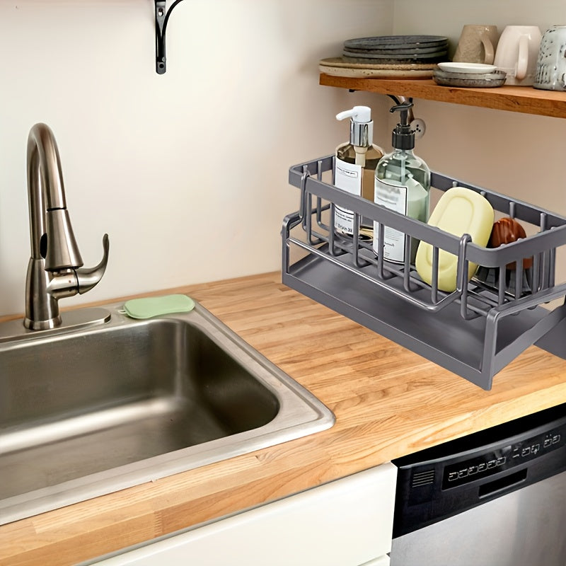 This product is a versatile 1-piece storage rack that can be used in the kitchen and bathroom. It includes compartments for storing a kitchen sink, toilet, faucet sponge, and various kitchen supplies such as soap, brushes, towels, scrubbers, and rags.