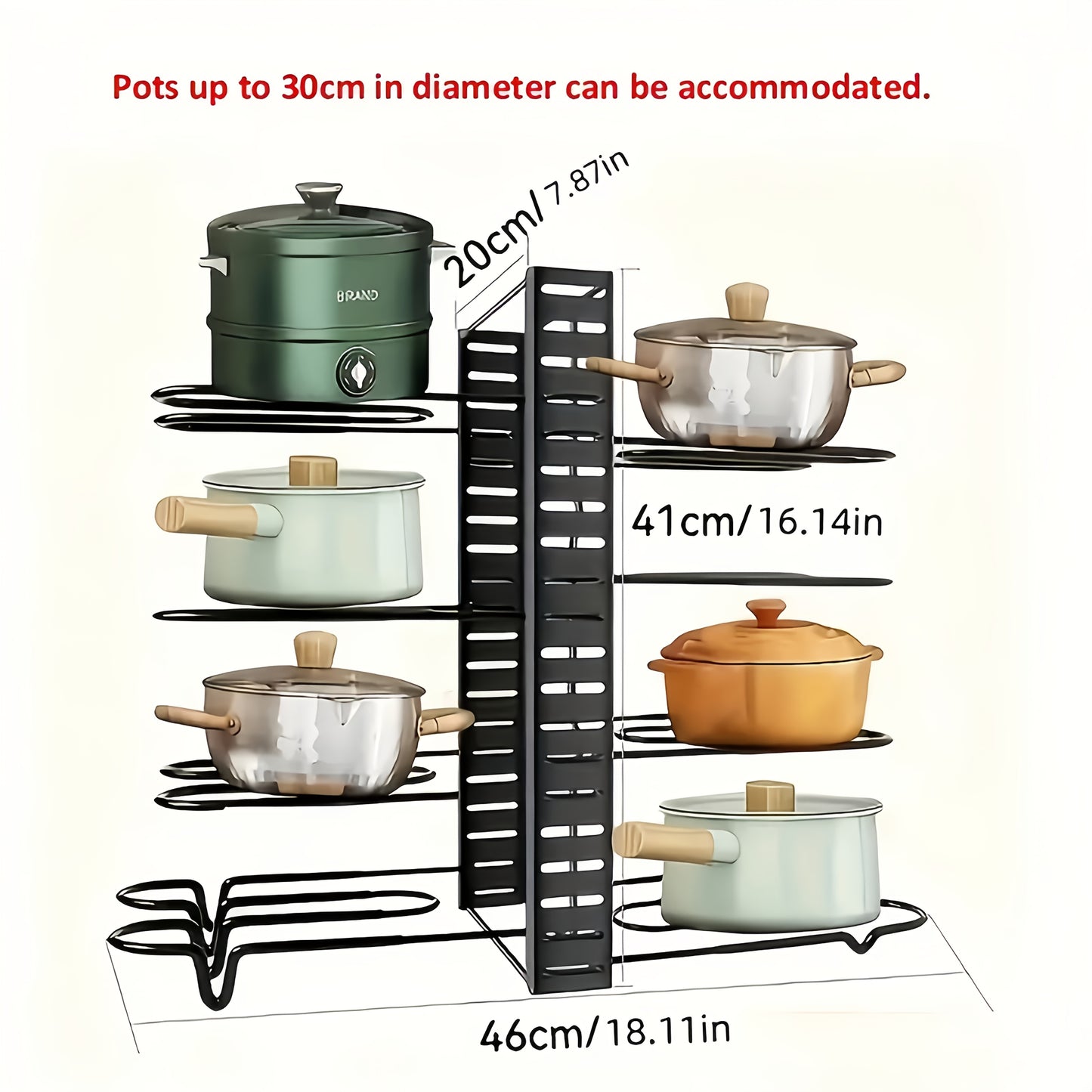 8-Tier Heavy-Duty Iron Pot Rack Organizer with Rust-Resistant Coating, Anti-Slip Layers, Space-Saving Design for Home and Restaurant Use.