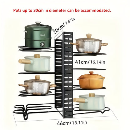 8-Tier Heavy-Duty Iron Pot Rack Organizer with Rust-Resistant Coating, Anti-Slip Layers, Space-Saving Design for Home and Restaurant Use.