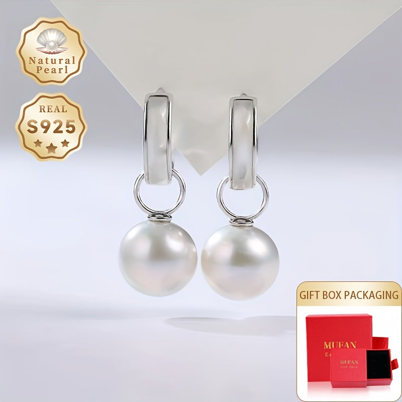 A Pair of Pearl Earrings in a Gift Box - A Must-Have Gift for Women. These fashionable hoop earrings are made of S925 Silver with 10-11mm round natural freshwater pearls. The pearls are removable and add a graceful touch to any outfit. Please note that