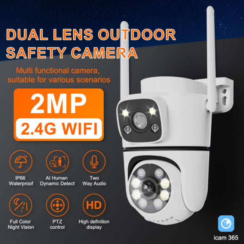 OIMLYO 4MP Dual Lens Wireless Security Camera features AI Smart Alert, 2.4G WiFi, Two-Way Audio, Full Color Night Vision, USB Powered, TF Card & Cloud Storage Support, Smartphone Compatibility, 1080p Resolution, ABS Material, and No Battery Needed.