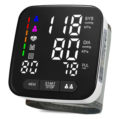 Adult home wrist sphygmomanometer with large backlit display, arrhythmia detector, and memory readings.