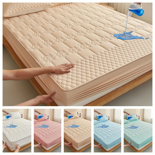 1pc Waterproof Mattress Protector in Assorted Colors - Quilted, Comfortable, Machine Washable Fitted Bed Sheet for Bedroom, Hotel, Dorm | Solid Color, Polyester & PU, 80-85g Fabric Weight