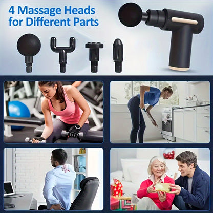 Portable massage gun with LCD display and USB rechargeability, featuring 6 vibration speeds and 4 accessories. Suitable for sports and outdoor use, a great gift idea for the holidays.