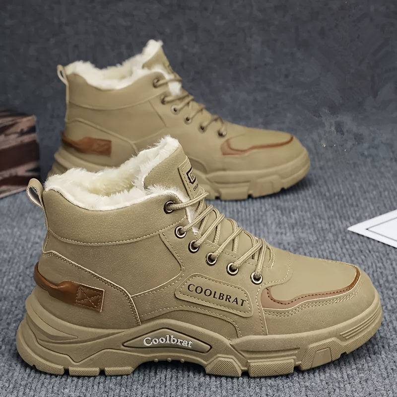 Men's high-top work boots by Coolbrat, durable and non-slip with reinforced PVC sole. Ideal for outdoor and casual wear, beige with mesh lining. Suitable for hiking and modern casual style.