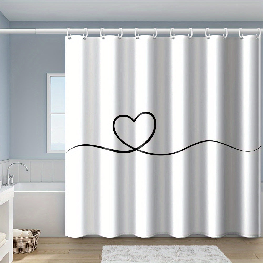 Heart pattern shower curtain set, 180x180cm, water-resistant polyester, machine washable with plastic hooks, all-season arts theme bathroom decor for home and hotel.