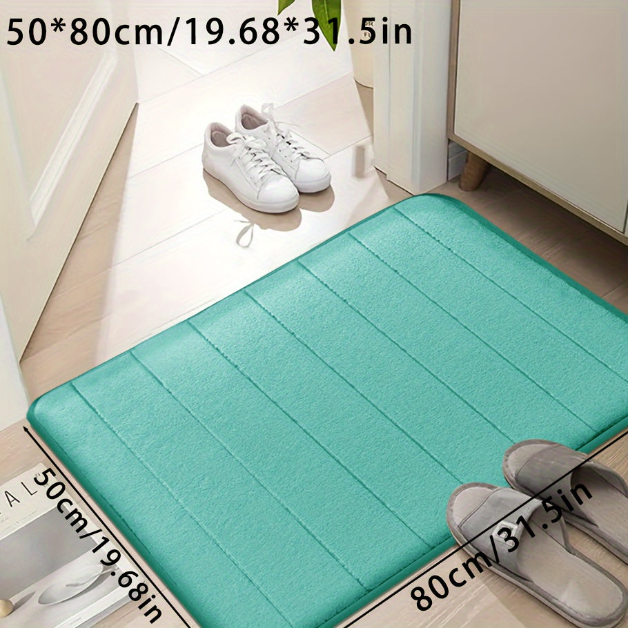 Set of memory foam bath mats, featuring ultra-soft and absorbent material with a non-slip backing. Ideal for use in the bathroom, shower, laundry room, or outdoor entrance. Made of durable polyester that is easy to clean in the washing machine. Can also