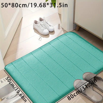 Set of memory foam bath mats, featuring ultra-soft and absorbent material with a non-slip backing. Ideal for use in the bathroom, shower, laundry room, or outdoor entrance. Made of durable polyester that is easy to clean in the washing machine. Can also