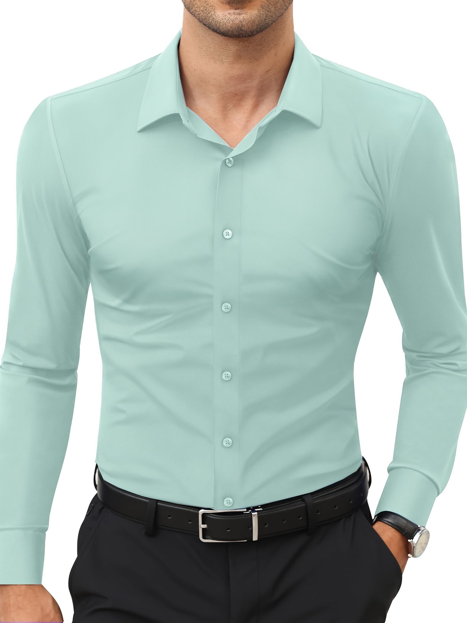 Slim fit long sleeve shirt for men made of 55% cotton, 40% polyester, and 5% spandex. Solid color with lapel collar, button-up closure, and all-season wear. Casual weekend wear, woven