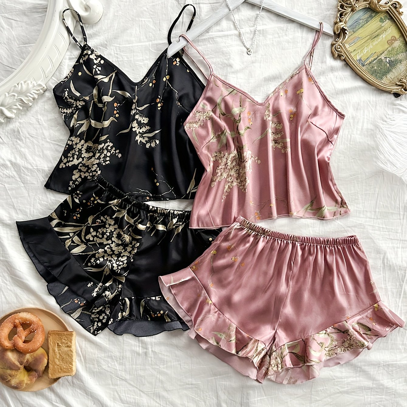 Floral Print Satin Pajama Set with V Neck Crop Cami Top & Ruffle Hem Shorts