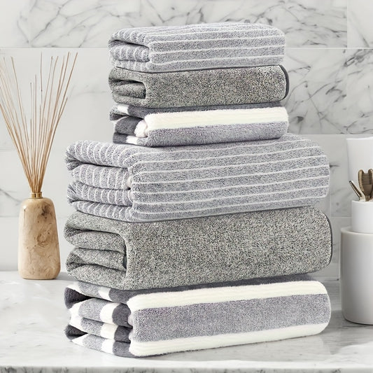 6-piece ultra-soft towel set includes 3 bath towels and 3 hand towels. Made of thick, absorbent coral fleece and skin-friendly polyester blend. Ideal for bathroom essentials.