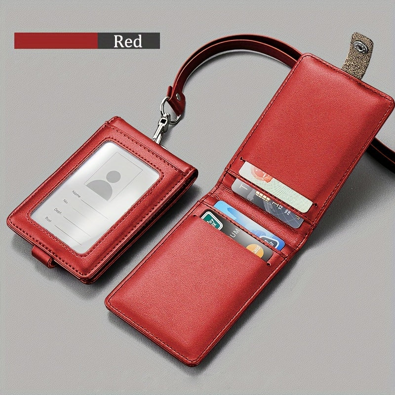 Leather ID card holder with lanyard, 5 card slots, PU leather, English text, formal business accessory.