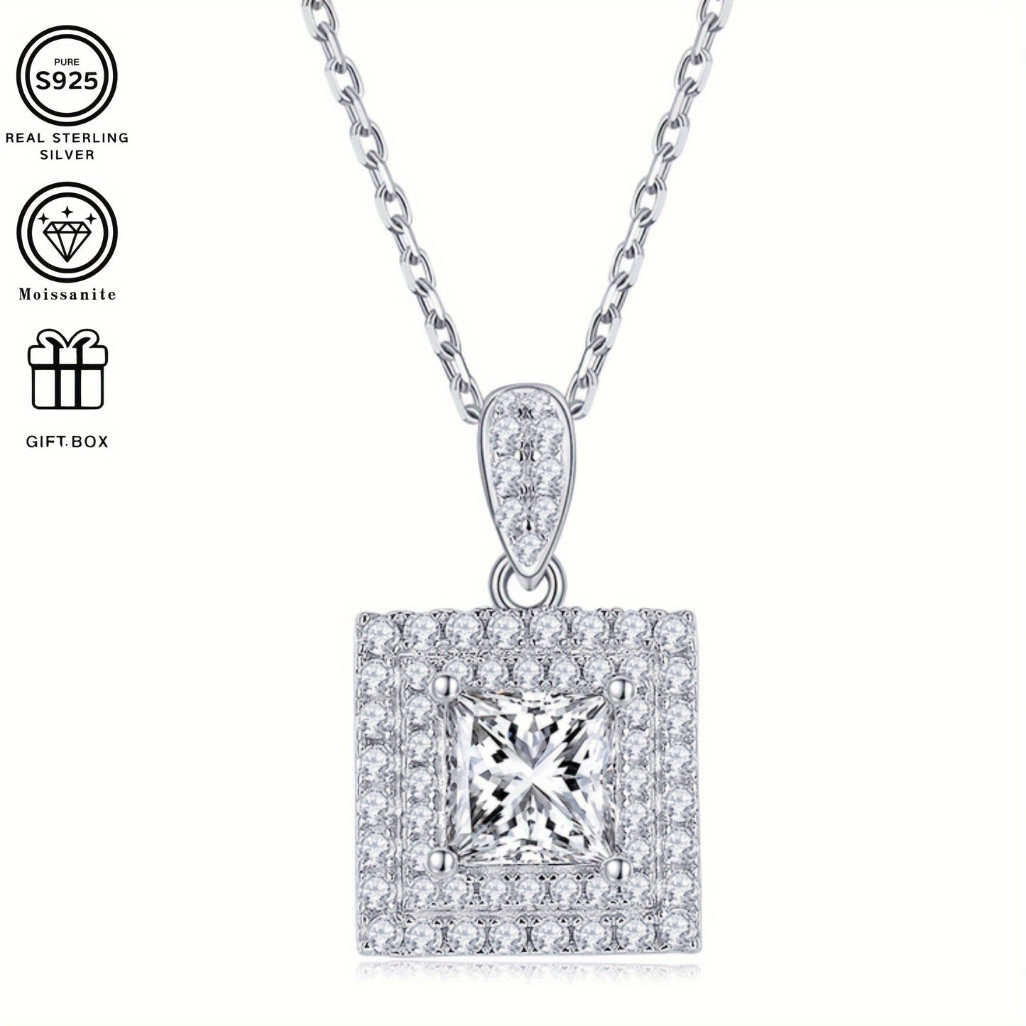 This luxurious jewelry set for women features a stunning collection of S925 silver square moissanite pieces. Included is a 1ct moissanite necklace and 0.5*2ct moissanite earrings, both designed to sparkle and shine. This set is perfect for gifting