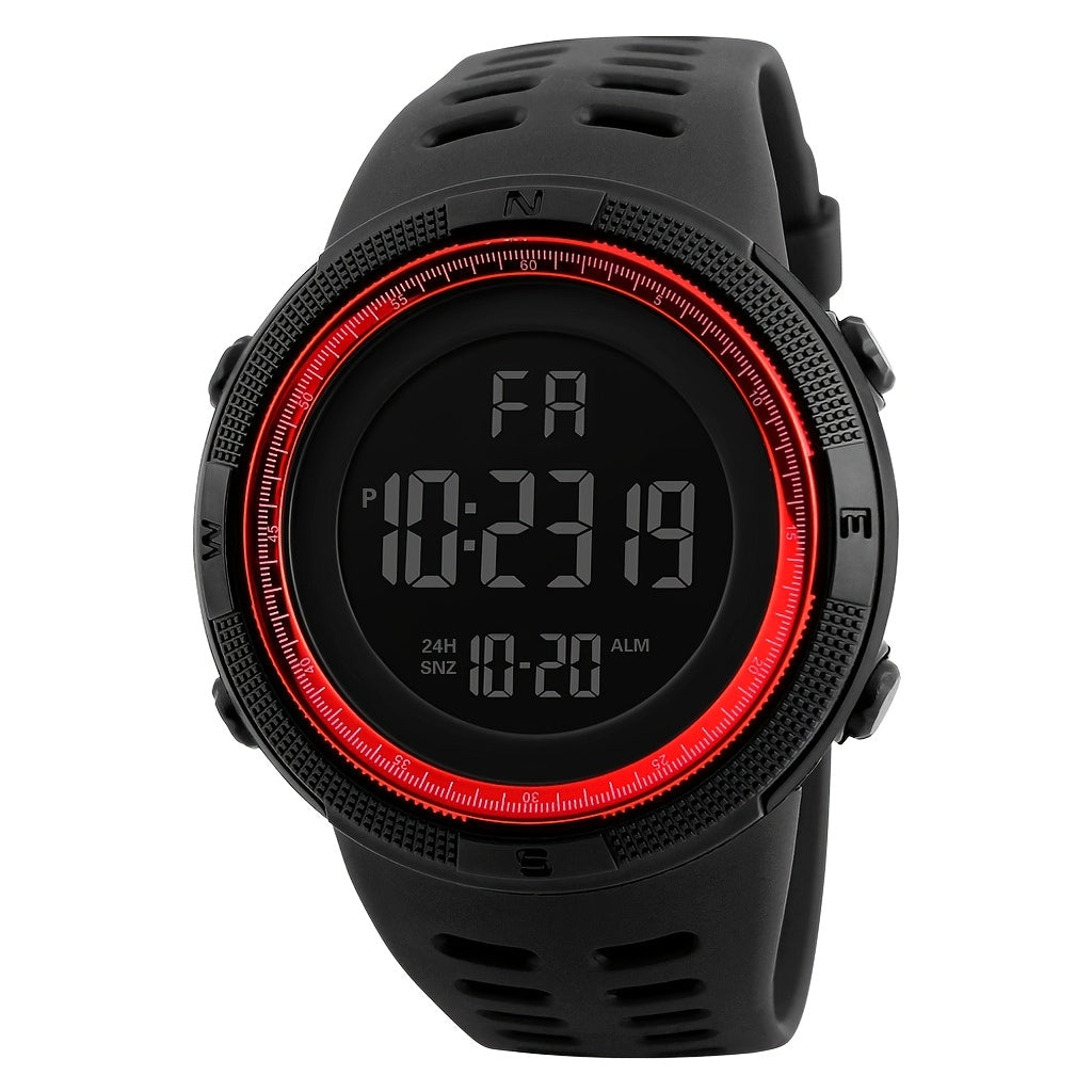 Unisex sports digital watch with large backlit display, silicone strap, date and week display, multi-function electronic movement, battery powered, plastic case - perfect birthday gift.