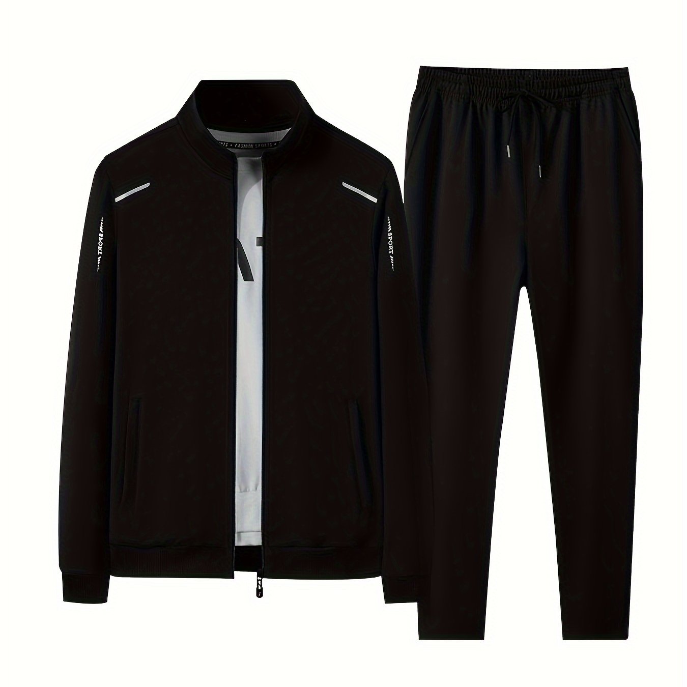 Men's 2-piece outfit with stand collar jacket and drawstring sweatpants for casual wear in spring and autumn.