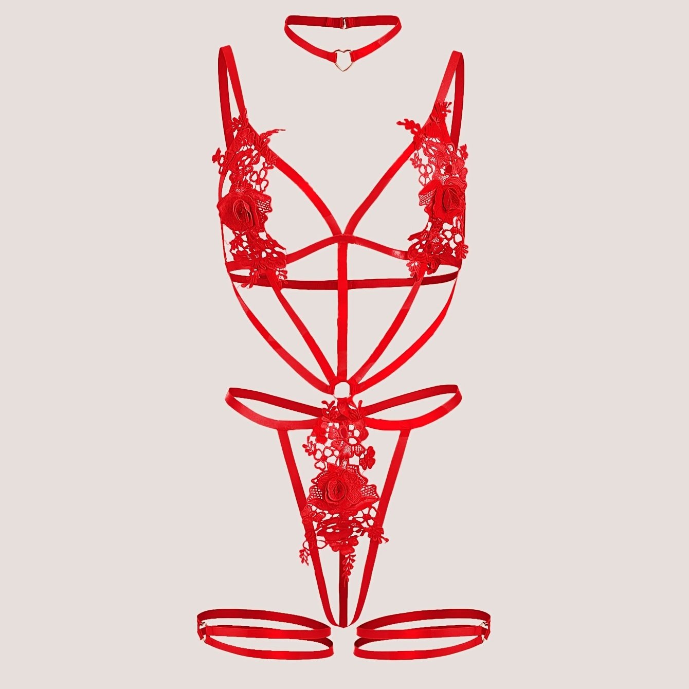 Polyester knit bodysuit with embroidery and heart pattern, part of a 3-piece lingerie set for women.