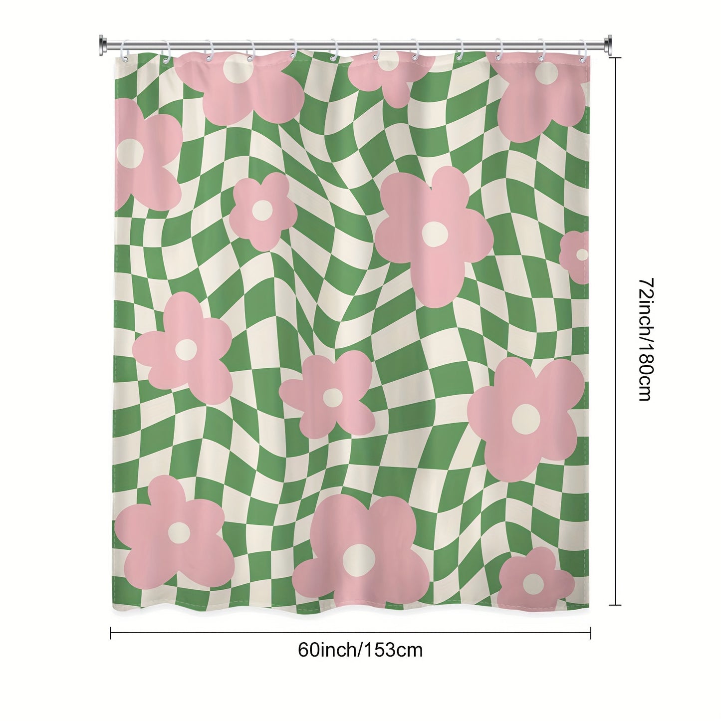 Waterproof polyester shower curtain with pink and green floral checkered design. 152.4x182.88 cm, includes hooks, machine washable. Ideal for teen bathroom decor. Provides shower privacy and vibrant bathroom decor. Easy to install.