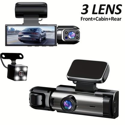 ZKCAMSPY 1080P Full HD 3-Channel Dash Cam with Front 1080P, Rear & Interior Cameras 720P - LED Display, Button Control, 32GB Memory Card Included, Easy Installation - Dash Camera for Cars.