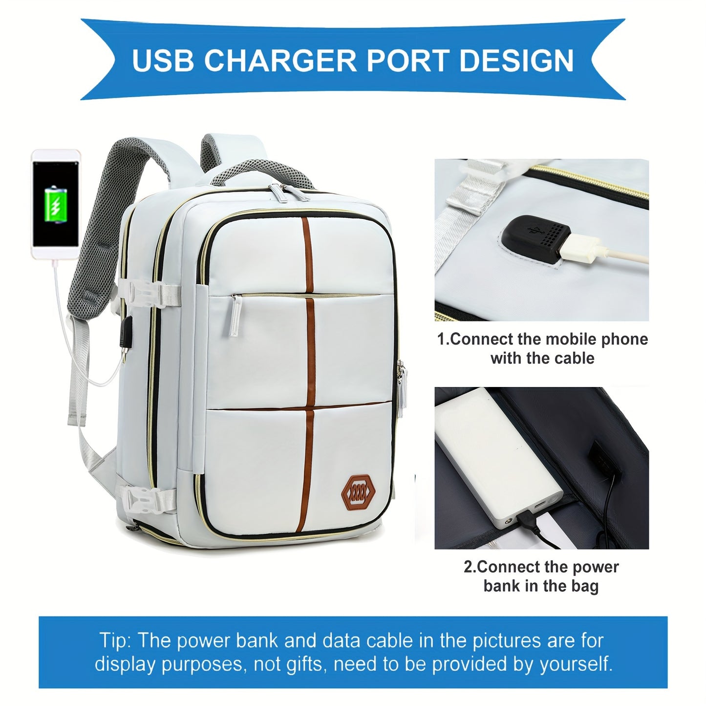 Stylish white and black travel backpack with shoe compartment, USB charging port, and durability for outdoor and school use.