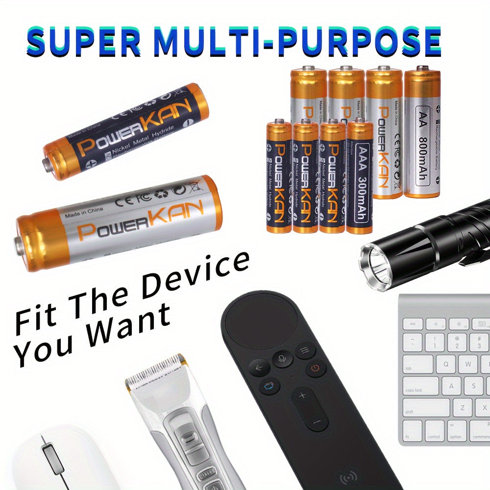 PowerKAN 1.2V NiMH Rechargeable Battery Set includes AA & AAA sizes. It comes with eight 800mAh and eight 300mAh batteries, N6 Charger, USB LED Indicator, fast charging, dischargeable