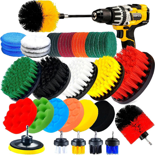 Set of 45 pieces, includes a Drill Brush Set with attachments for multipurpose power cleaning. Features a scrub brush and sponge suitable for grout, bathroom, tub, tile, corners, car wheels, and hard-to-reach areas. Drill not included. Perfect for all