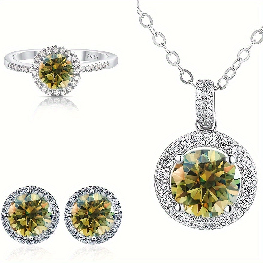 The Gems Lady multi-piece set includes a 4-piece set featuring a 1 carat moissanite four-prong pendant and earrings, as well as an exquisite S925 pure silvery ring. This set is perfect for elegant daily wear and makes a thoughtful gift for family